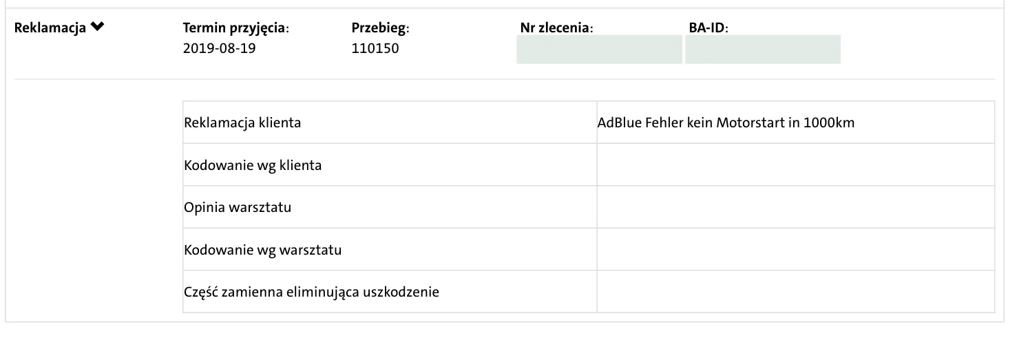 Zgłoszenie klienta VW z 19 sierpnia 2019 przy 110 150 km dotyczące komunikatu AdBlue
