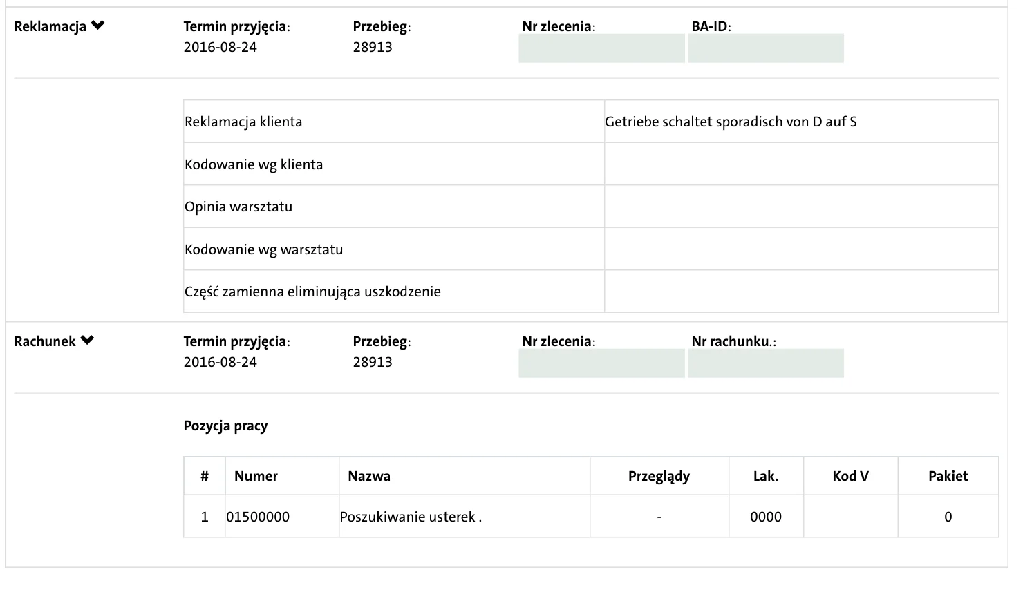 Ponowne zgłoszenie VW z 24 sierpnia 2016 przy 28 913 km o samoczynnej zmianie D na S