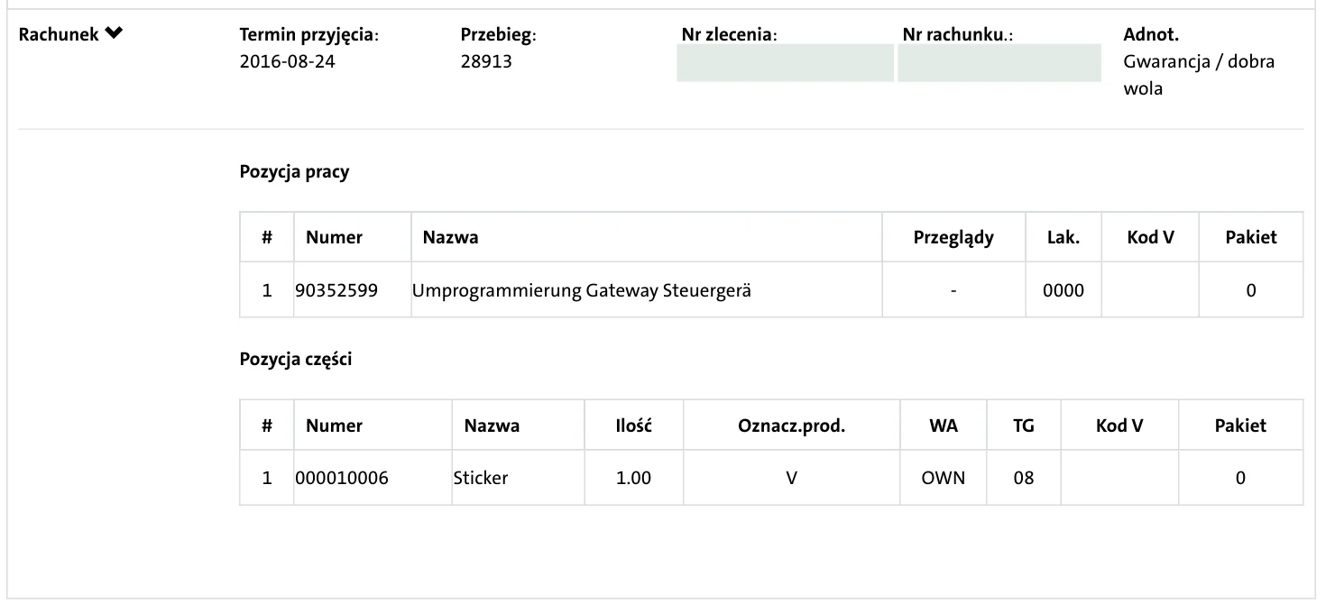 Rachunek VW z 24 sierpnia 2016 przy 28 913 km z diagnostyką i programowaniem sterownika Gateway